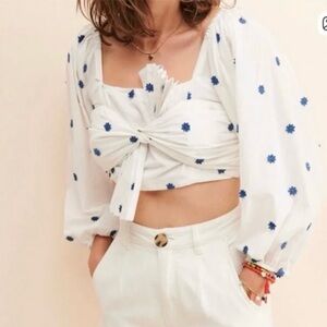 Farm Rio Blue Flowers Crop Top in off-white cotton with blue floral embroidery